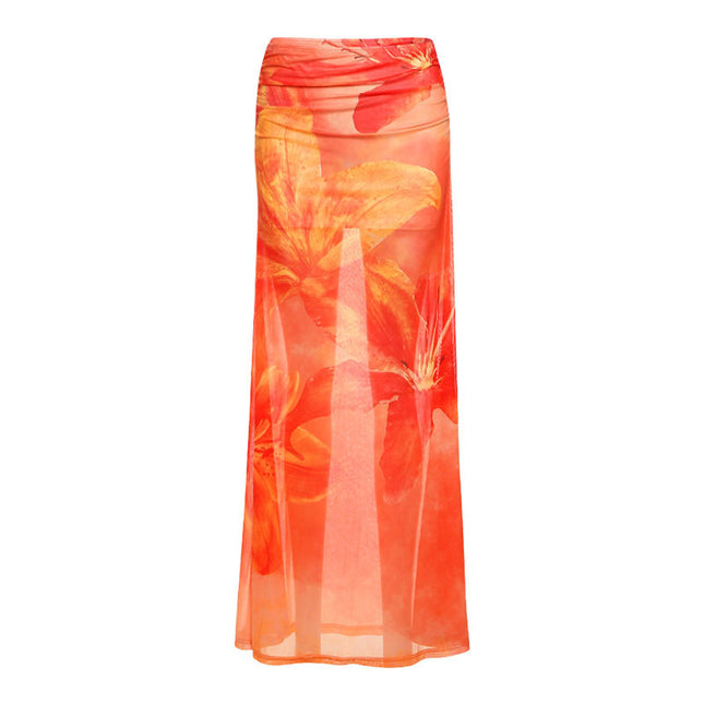 Vacation Style Printed Semi See-through High Waist Slim Skirt