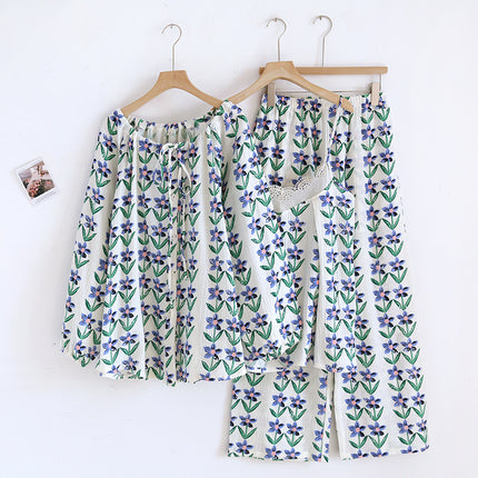 Cotton Crepe Three-piece Pajamas Women's Long-sleeved Cardigan Strap Lace