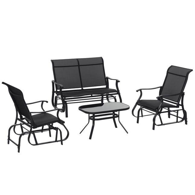 4 Stukke Gliervestel, Buitemeubelstelle met 2-Persoon Gliervoorstoel, Enkel Tuimelstoel en Glas Koffietafel vir Agterplaas, Grasperk en Tuin, Swart