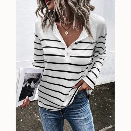 Striped Round Neck Button Casual Loose Long Sleeve