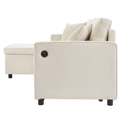 L-vormige Uittrekbare Slaapbank, Moderne Omkeerbare Slaapbank, 3-in-1 Omskakelbare Slaapbank met Bêre Chaise, Opvoubare Tafel, Bekerhouers en Laaipoorte