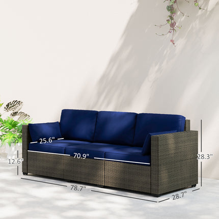 Patiobank PE Rattan Diep Sitplek Buitelugbank Met Verwyderbare Kussings, 3-Sitplek Rattan Sofa, Buitelugmeubels Vir Balkon, Dek, Tuin En Swembad, Donkerblou