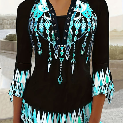 Spring Autumn New Printed Lapel Green Three-Quarter Sleeve T-Shirt Irregular Cuff Stud Button Top