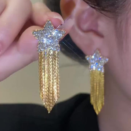 Rhinestone Pentagram Tassel Earrings