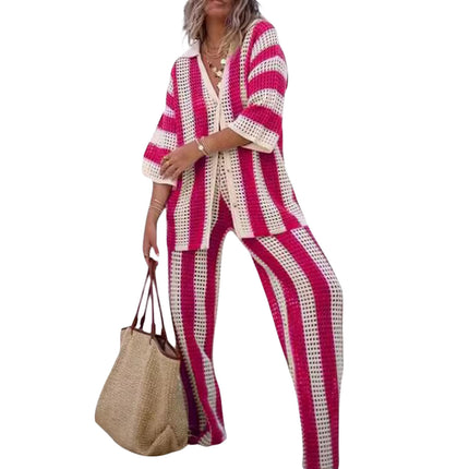 Women's Fashion V-Neck Hollow Out Striped Shirt Loose Knit Wide Leg Pants Set