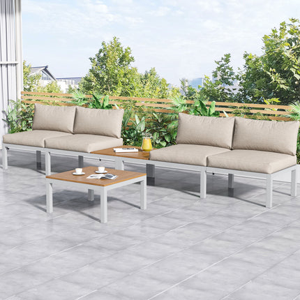 Outdoor Patio&Backyard Furniture Garden Lounge Set For 4 People, Space Saving Thick Quality L-Shaped Corner Sofa With Wooden Table, Beige