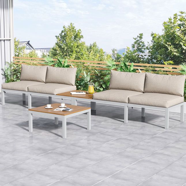 Patio- & Agterplaasmeubels Tuinrusbankstel vir 4 mense, Ruimtebesparende Dik Kwaliteit L-vormige Hoekbank met Houttafel, Beige