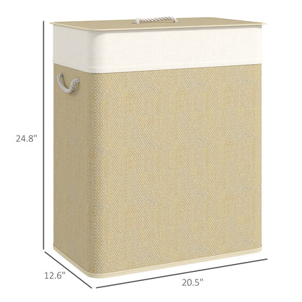 Double Laundry Basket With Lid, 26.4 Gallon Bamboo Laundry Hamper With Rope Handles And Removable Liner, Natural