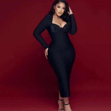 Women's Long Sleeve V-neck European And American Bandage One-piece Dress