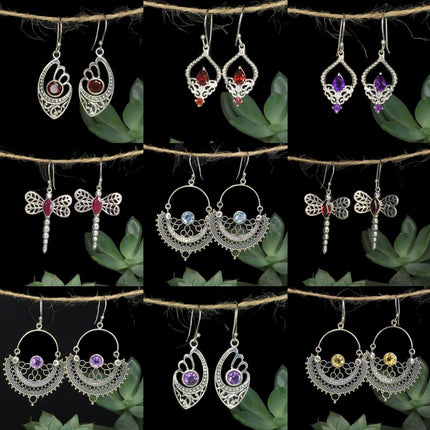 Sterling Silwer Natuurlike Kristalle Vintage Etniese Feetjie Druppeloorbelle