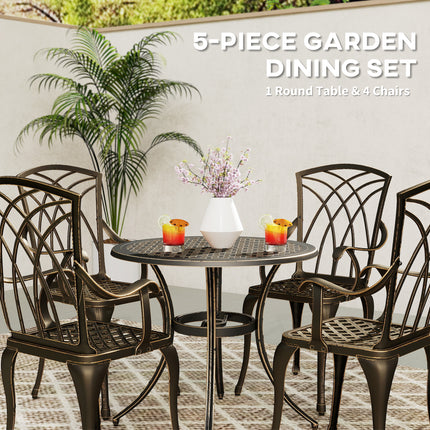 5 Stukke Tuineetstel Vir 4, Gegote Aluminium Buite-Eetstel Met 4 Leunstoele En Ronde Eettafel Met Sambreelgat, Tuinmeubelstel, Bronskleur