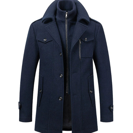 Men's Woolen Coat Double Collar Standard Vertical Zipper Coat Jacket