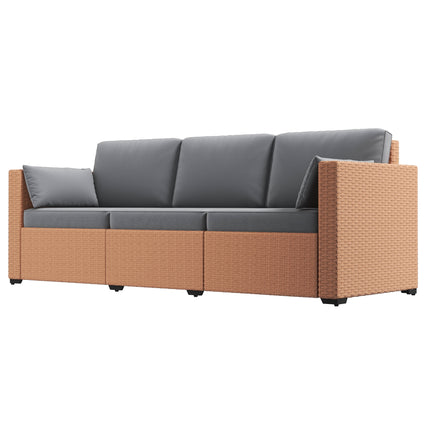 Patiobank PE Rotting Diep Seating Buitelugbank met Verwyderbare Kussings, 3-Sitter Rottingbank, Buitelugmeubels vir Balkon, Dek, Tuin en Swembad, Sand