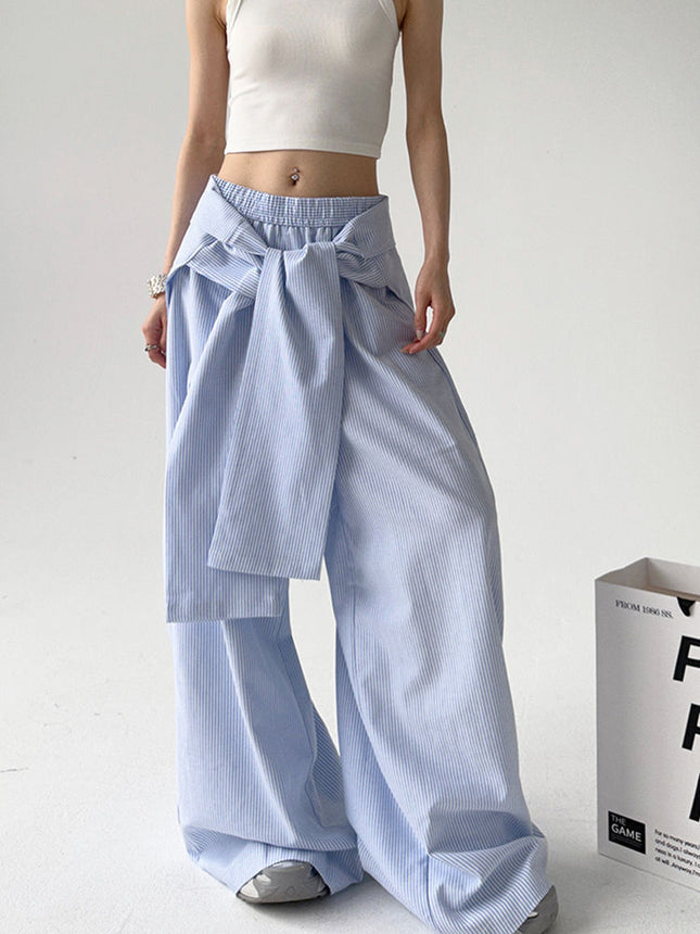 Lace-up Loose Straight Striped Wide-leg Pants Design Sense