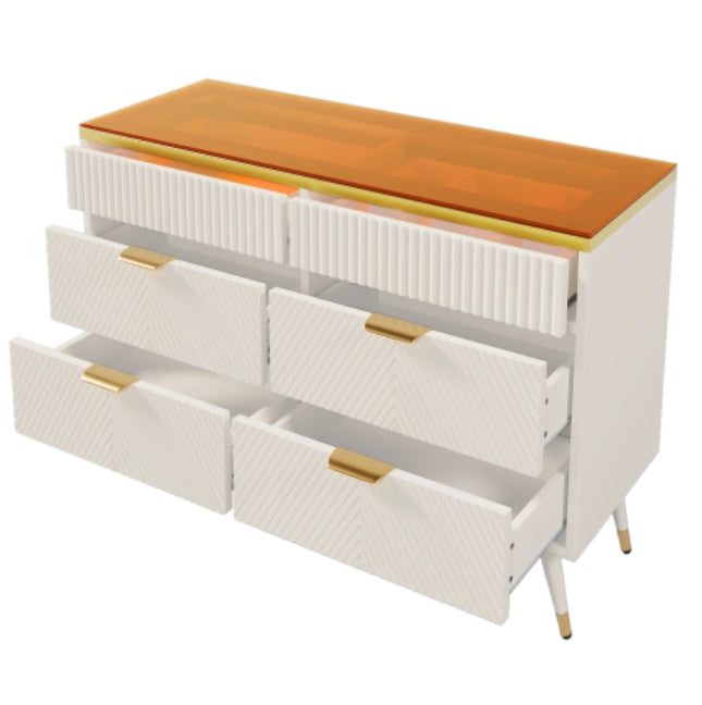 Buffetkas met 6 laaie, Amberglas-laaikas, Kompartementeleberging, Teen-omval, Kaptafel vir Sitkamer, Gang, Slaapkamer en Kinderkamer, 120 X 40 X 76 Cm, Wit