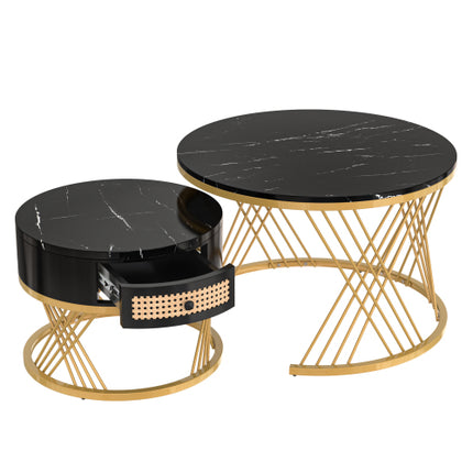 2-in-1 Ronde Koffietafel Gemaak Van MDF Met Marmergraan-Fineerblad, Rottanglaaie En Soliede Houthandvatsels. Goudkleurige Ysterpote. 70x70x45.5 50x50x38.5cm