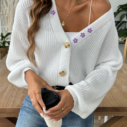 Embroidered Stickers Short Button Coat Sweater Cardigan