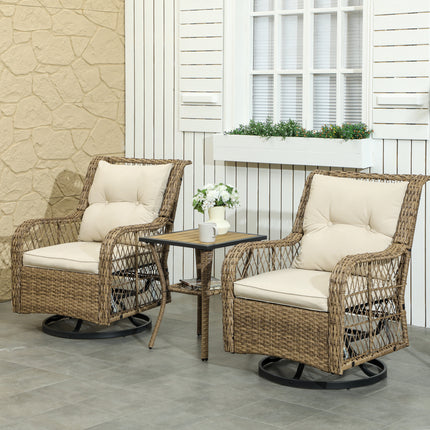 3-stuk Buiten Bistro Stel, Rieten Klein Patio Meubelstel Met Draaiende Glystoele Vir Balkon, Stoep, Beige