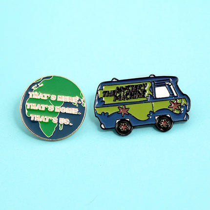Cartoon-style Fashion Earth Map Green Car Series Student Badgebrooch