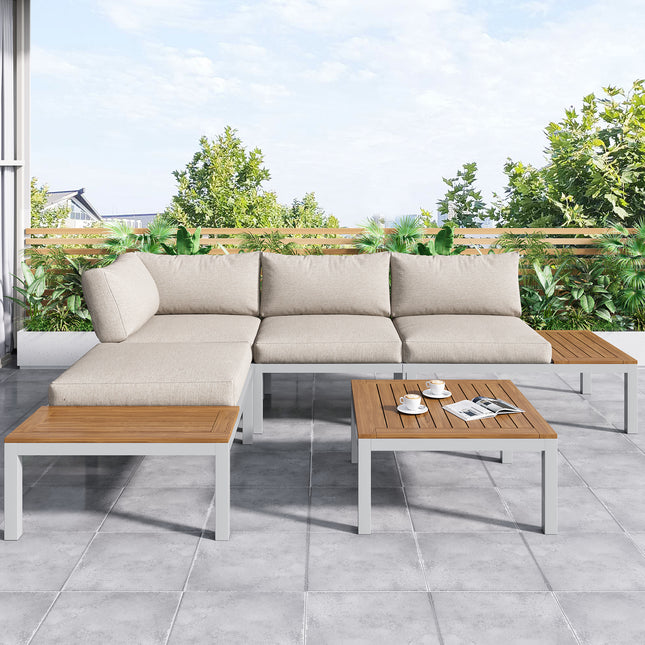 Patio- & Agterplaasmeubels Tuinrusbankstel vir 4 mense, Ruimtebesparende Dik Kwaliteit L-vormige Hoekbank met Houttafel, Beige