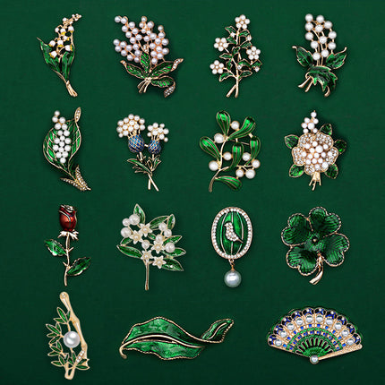 Fashionable Trendy Plant And Pearl Brooch In Alloy And Enamel