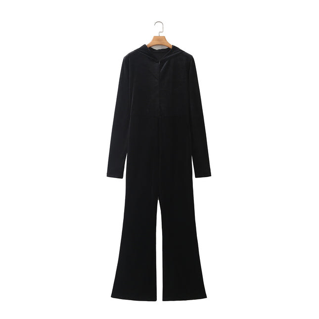 Women's Slim Fitting Velvet Hooded Jumpsuit