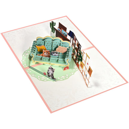 Kreatiewe Dier Groetekaartjie Kat 3D Handgemaakte Geskenk Op Sofa