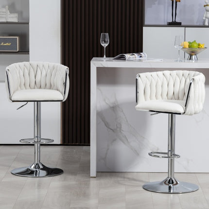 360-grade Draaibare Kroegstoele Met Stofbekleedsel, Stel Van 2, Verstelbare Kroegstoele Met Gevlegde Rugleuning En Voetstut, Silwer Verchroomde Kroegstoele Vir Kombuiseiland, Kafee, Kroeg