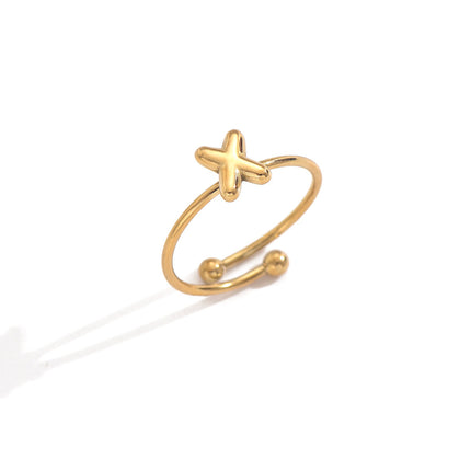Lxalry 18K Gold Plated Stainless Steel Modern Alphabet Ring With Mirror Polish   Sphere Accents  Hypoallergenic Jewelry For Women  Skin Safe Never Fade Luxury Gift  Full A-Z Letters