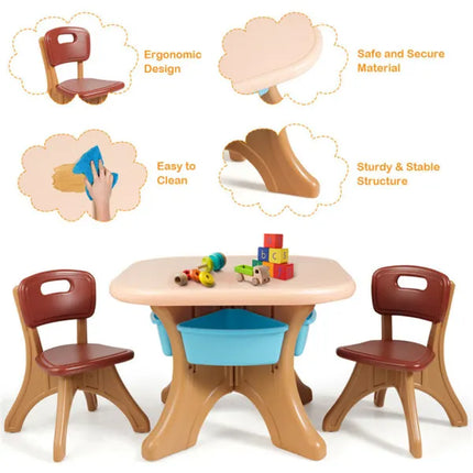 Bruin Kinder Tafel En 2 Stoele Stel Met 4 Bergingsbokse, Kleuteraktiwiteitstafel Vir Teken Speel Eet, Kinder Meubels Vir Binne Buite