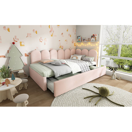 Upholstered Bed Daybed With Pull-Out Bed, 3FT Single Sofa Bed 90X190Cm,Guest Beds For Adults And Children, Bed With Metal Slatted Frame, Velvet, Pink No Mattress