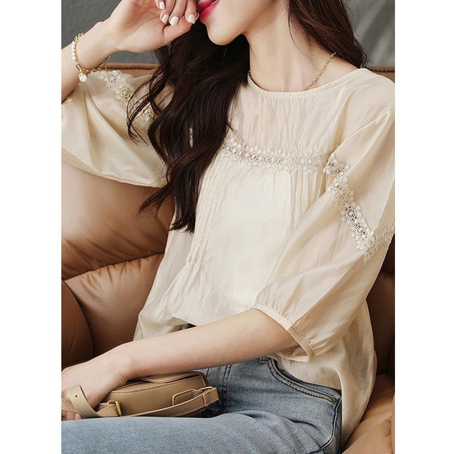 Design Sense Puff Sleeve Shirt Women's Lace
