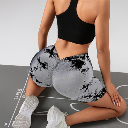 Women's Tie Dye High Waist V-Back Scrunch Yoga Shorts, Seamless Sport Athletic Shorts With Stretch Fabric, Fitness Workout Bottoms