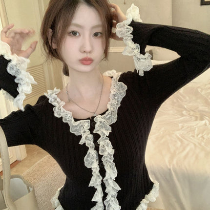 Women's Lace Patchwork Black Fungus Edge Knitted Cardigan Jacket