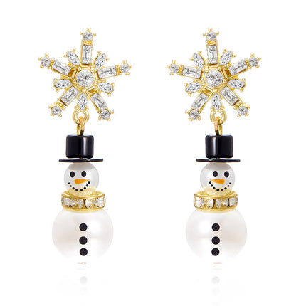 Christmas Cross-border Diamond Snowflake Pearl Hat Snowman Earrings