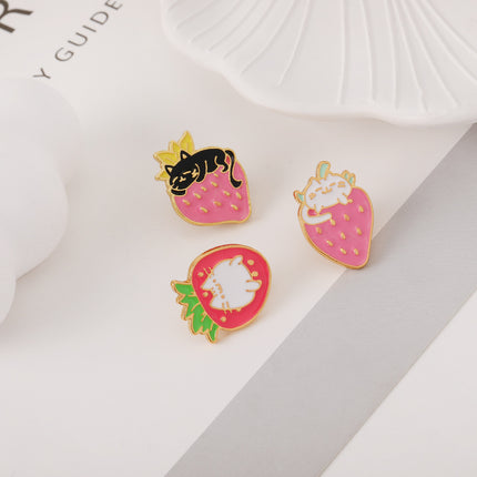 Cute Cat Strawberry Metal Brooch Cake Cat Dripping Oil