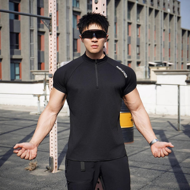 Short Sleeve Outdoor Sports Half Zipper Stand Collar T-shirt