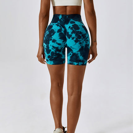High Waist Tummy Control Yoga Shorts For Women, Tie-Dye Ruched Booty Lifting Workout Fitness Shorts, Hip Lifting Sports Activewear, Gym Exercise Running Shorts