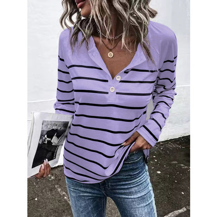 Striped Round Neck Button Casual Loose Long Sleeve