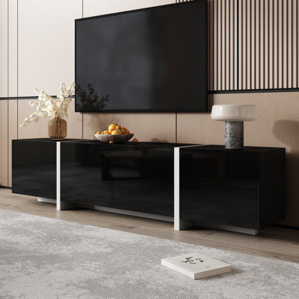 TV Cabinet, Black High-gloss Cabinet And White Contrasting Table Legs, With Simple Cabinet Doors And Drawers.