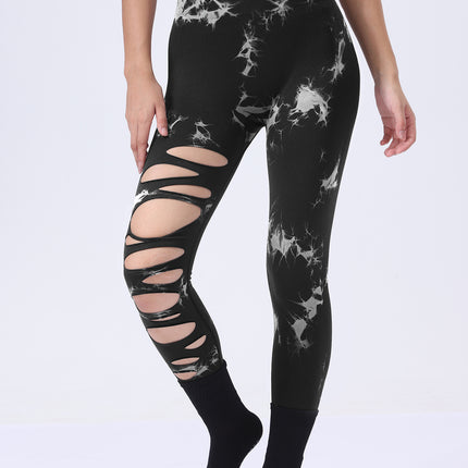 Butt Lifting Yoga Gym Athletic Pants, Hollow Out Tummy Control Sports Leggings Tie Dye Running Pants