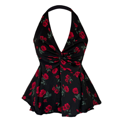 French Romantic V-neck Floral Halter Waist-controlled Top