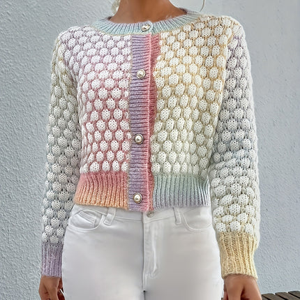 Women's Gradient Color Round Neck Sweater Cardigan