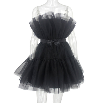 Design Bow Waist-tight Fairy Mesh High Waist Bubble Dress