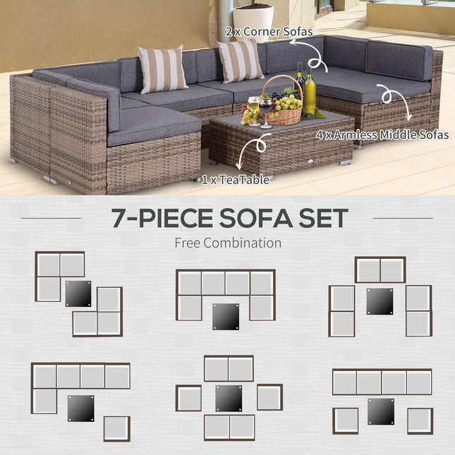 Moderne Rottangstoepmeubelstel, 7-stuk Buitenste Rattan Sofa Stel met Kussings vir Huis- en Familiebyeenkomste, Grys