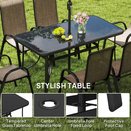 8 Stukke Patio Meubelstel met 9vt Patio Sambreel, Buite Eettafel en Stoele, Lig Gemengde Bruin