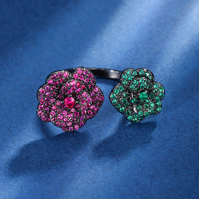 Ornament Copper Sole Golden Plate Red Corundum Black Gold Flowers Personality Female Ring