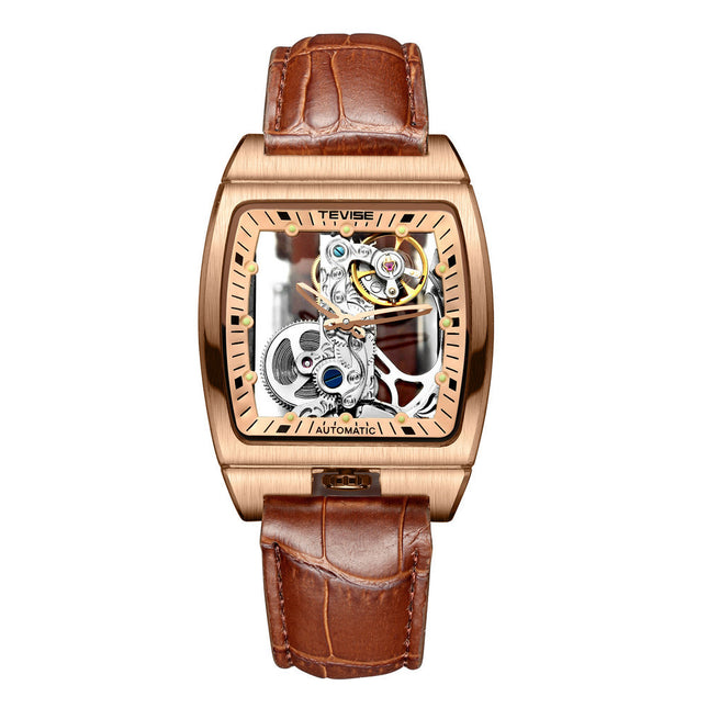 Casual Men's Leather Belt Automatic Mechanical Watch Long Movement Hollow Watch