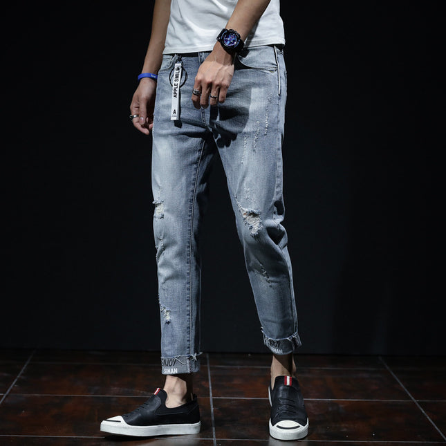 Spring And Summer Ripped Jeans Elastic Small Leg Straight Leg Pants Youth