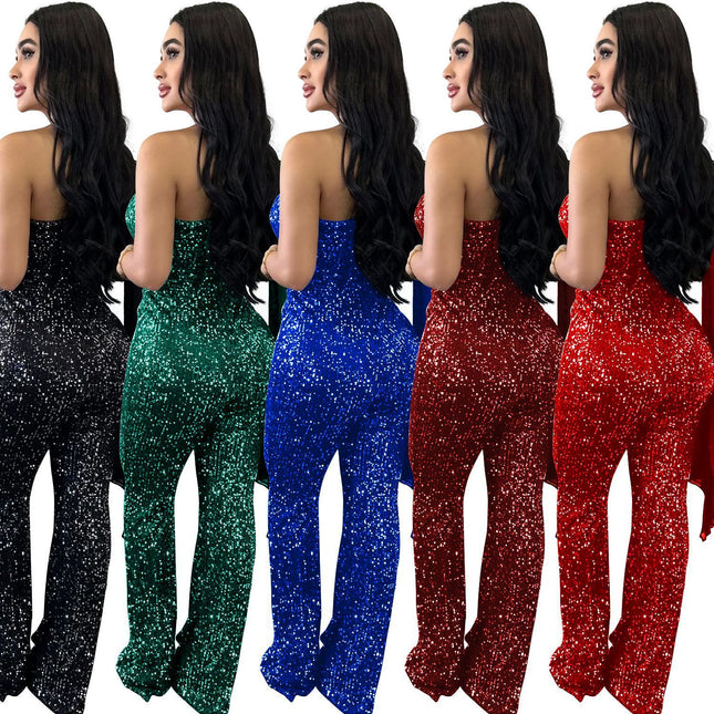 Women's Solid Color Sleeveless One-shoulder Sequined Trousers Jumpsuit